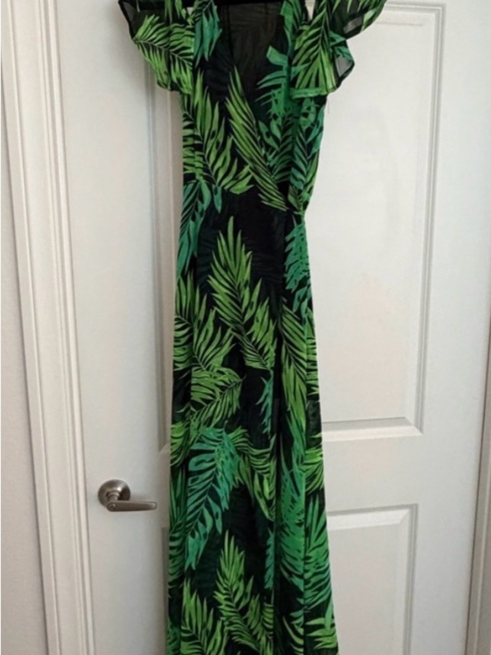 Olivaceous Black Maxi Dress with Green Leaf Print